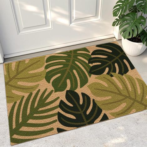 Paillasson d’extérieur en Fibre de Coco Motif Feuilles de Monstera pour entrée, Tapis de Porte Robuste antidérapant et Attrape-saleté pour Porte d’entrée, véranda, terrasse, Design Tropical (1/5)