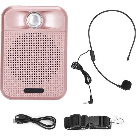 Haut-parleur amplificateur vocal portable rechargeable avec micro, support carte mémoire, radio, rose (1/5)