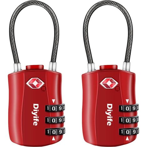 Cadenas de bagage TSA 2 pièces Rouge, serrure à combinaison 3 chiffres avec câble