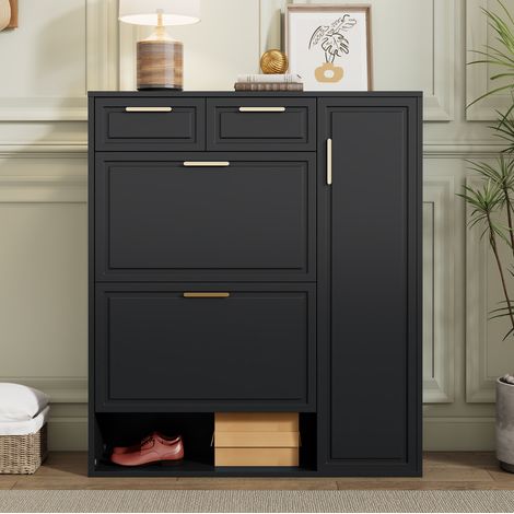 Zapatero de MDF y tablero de partículas negro 95x24x107 cm con 2 cajones, baldas regulables y estantes abiertos (1/5)