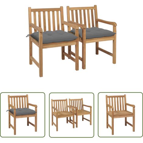 The Living Store Gartenstühle 2 Stk. mit Grauen Kissen Massivholz Teak - Gartenstühle - Teakholz Gartenmöbel - Ausziehbarer Stuhl - Outdoor Möbel - Balkonmöbel (1/5)