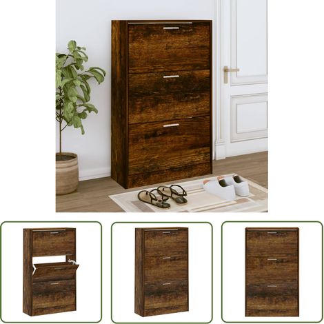 The Living Store Armoire à chaussures Chêne fumé 63x24x103 cm Bois d'ingénierie - Meuble Rangement Chaussures - Armoire Chaussure - Rangements Intérieur - Rangement Entrée - Commode Chaussures (1/5)