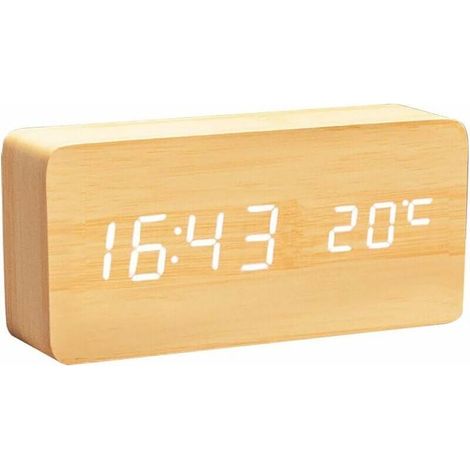 Horloge Numérique en Bois - Réveil à LED Multifonctions avec Affichage De L'heure/De La Température Et Commande pour Le Voyage à Domicile (1/5)