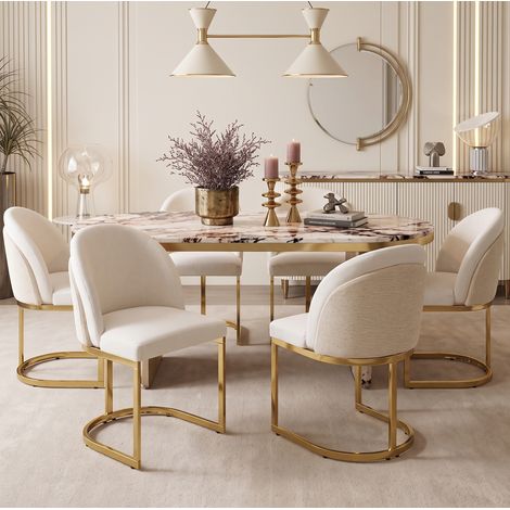 4 sillas de comedor modernas beige y doradas, tapizadas en chenilla con patas metálicas galvanizadas (1/5)