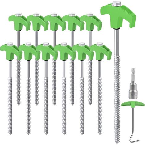 12PCS Piquets de Tente en Acier avec Foreur ＆ Arrache Clou,25 cm Gazon Vert + Argent Sardines de Fixation Sardines Camping Crochets de Tente pour Surface Dure (1/5)