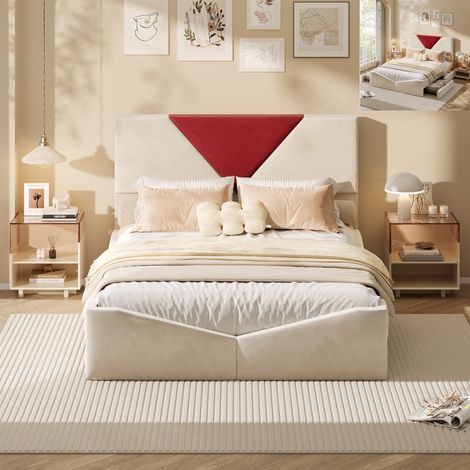 Lit 140x190 CM avec 4 Tiroirs - Tête de lit rembourrée - Lit Coffre avec Rangement - 2 Personnes - Original - Tissu velours - Beige (1/5)