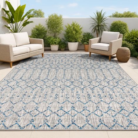 Tapis Tissu texturé géométrique marocain Intérieur/Extérieur Gris/Marine 240 cm x 300 cm, bohème, Facile à Nettoyer, Salon, Cour, Anti-Peluche (1/5)