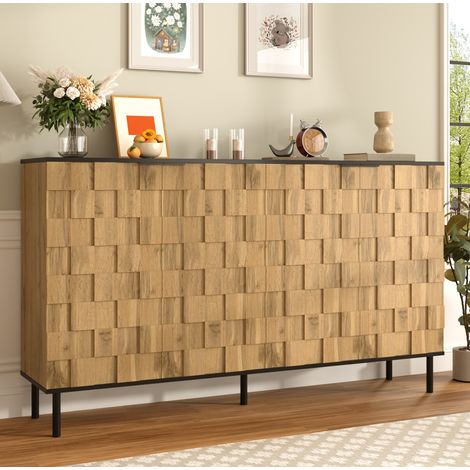 Credenza 160x35x80,5 cm con 2 ante, motivo a mosaico, contenitore per soggiorno/ingresso, legno naturale e nero (1/5)