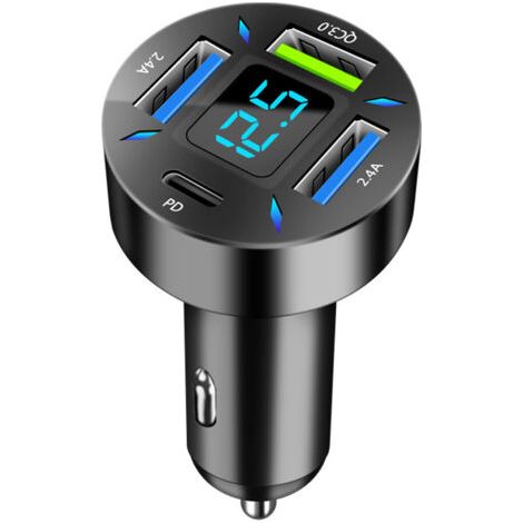 QORVA-Chargeur de voiture noir 3,85 x 3,85 x 6 cm, 1 pièce, quatre ports PD + QC3.0 + 2,4 A, charge rapide, tension en temps réel