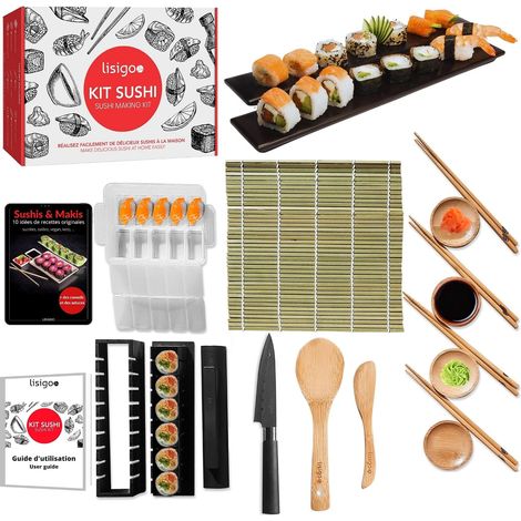 Kit sushi maki complet - Sushi maker - Appareil pour fabrication sushi - Coffret avec natte en bambou, couteau japonais, baguettes, moule à sushi, moule à maki - Idée cadeau homme femme (1/5)
