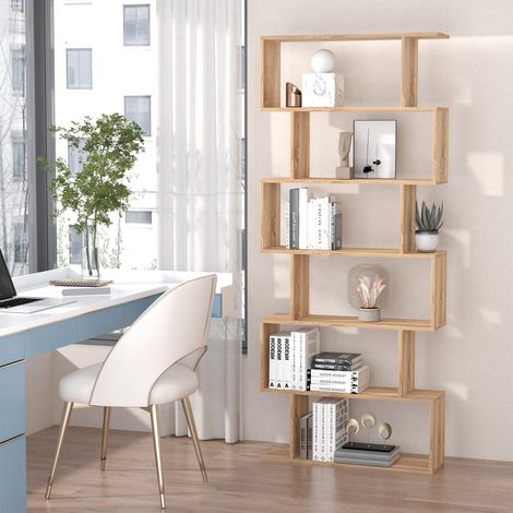 Zickzack-Bücherregal, modernes Design, 80 x 23 x 192 cm (L x B x H), 6 Regalböden, helle Eichenoberfläche