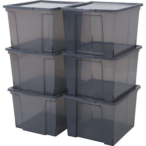 Iris Ohyama Scatole Portaoggetti, 30L, Set di 6, Grigio, Chiusura facile, Impilabile, Plastica Trasparente, Per Armadio, Scaffali, Organizzazione, Vestiti, Coperte, Forniture per garage, USB-M