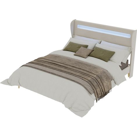 Lit moderne minimaliste rembourré 160×200cm beige,tête de lit LED rétroéclairée,base basse sans rangement,lit double fonctionnel sans matelas (1/5)