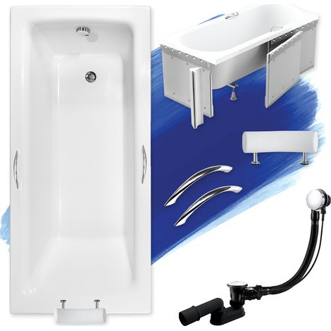 Baignoire Rectangulaire 160x75 avec des panneaux en polystyrène + poignée + appui-tête, Siphon de bain et pieds - Set 6en1 - BADLAND TALIA PREMIUM