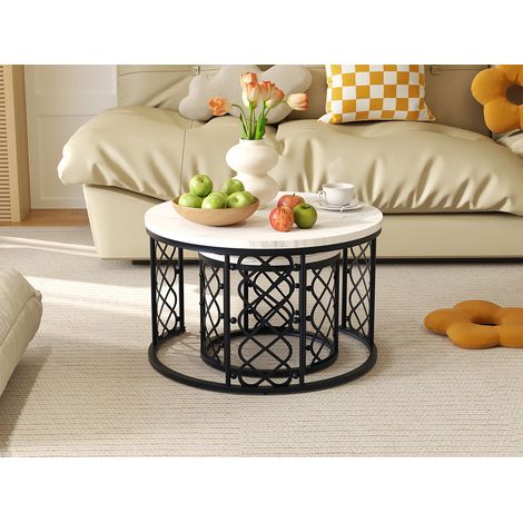 Set di 2 tavolini da salotto con piano effetto marmo, struttura in metallo, dimensioni 70x70x45 cm e 45x45x37 cm (1/5)