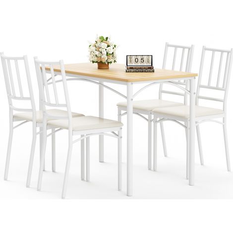 Conjunto de mesa de comedor y 4 sillas, 110x60x76,5 cm, ahorra espacio, estilo industrial, estructura de acero, madera natural (1/5)