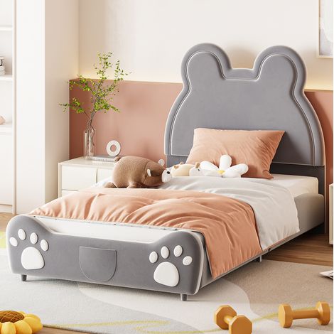 Letto singolo bambini 90x200 cm imbottito a forma di orso, velluto morbido, grigio (1/5)
