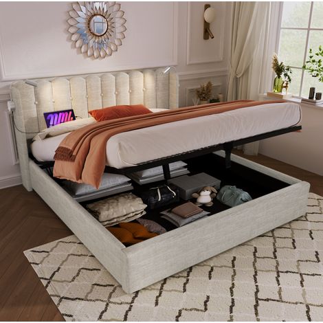 Lit rembourré 160x200 cm en lin beige/naturel avec tête de lit, liseuse et USB, coffre relevable (1/5)