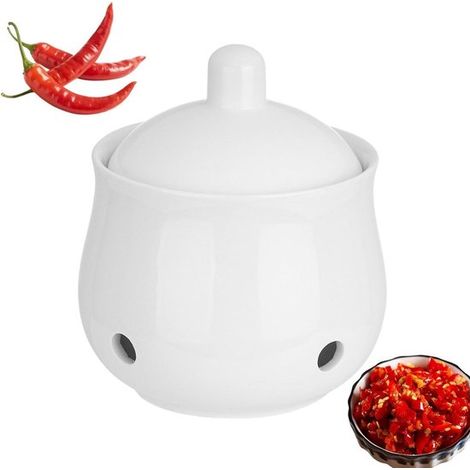 Barattolo per conservare l'aglio - Coperchio per barattolo di cipolle - Contenitore per alimenti da cucina - Ceramica ventilata - 18,5x13,8x13,6 cm - Bianco (1/5)