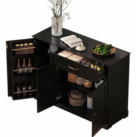ELVMI Sideboard mit 3 Türen und 1 Schublade, Verstellbaren Einlegeböden, aus MDF, für Wohnzimmer, 107 x 40 x 83.4 cm, Schwarz (1/5)