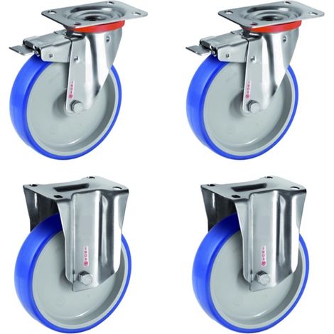 Lot de 4 roulettes INOX pivotantes à frein et fixes polyuréthane BLEU-SOFT® 80 mm - 225 Kg (1/3)