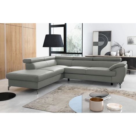 - Canapé d'angle convertible en cuir italien de luxe 5/6 places FINLANDE avec coffre, gris clair, angle gauche