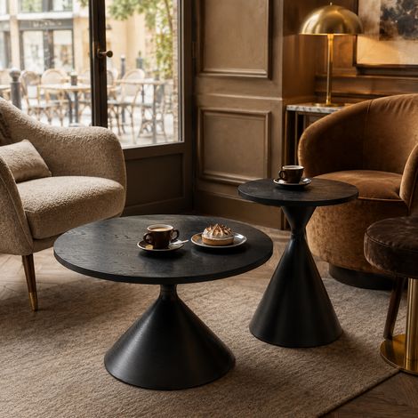 Table basse ø70 x h40 cm et ø50 x h50 cm 2 pièces forme ronde aspect bois noir à piètement en acier carbone design moderne (1/2)