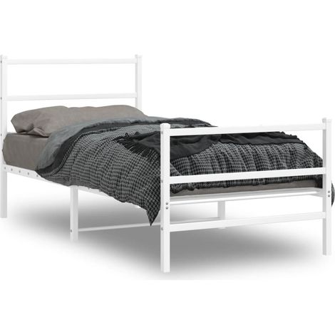 Cadre de lit métal sans matelas avec pied de lit blanc 90x190cm (1/5)