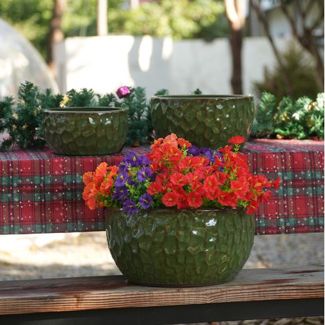 Set di 3 vasi da fiori Ø38,1/30,5/25,4 cm in ceramica verde antico con drenaggio - MEUBLIV (1/5)