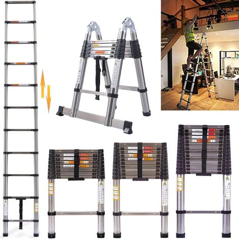3,2M Échelle Télescopique Pliante Échelle Escabeau Télescopique en 13 Echelons Antidérapante Escalier Escamotable Design télescopique 79 cm à 3,20 m Charge maximale : 150 kg (1/5)