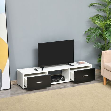 Meuble TV 140x30x32 cm noir blanc pour téléviseurs jusqu’à 60" Table de salon moderne avec 2 tiroirs et compartiment ouvert et (1/4)