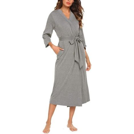 Women's bathrobe - Grey satin - 3/4 sleeves - Size M