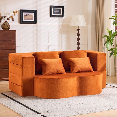 Canapé convertible da pavimento in tessuto peluche arancione con 4 cuscini, imbottitura in schiuma e molle (1/5)
