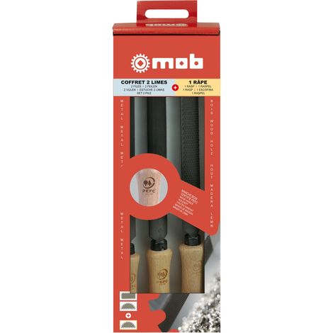 Jeu de 2 limes + 1 râpe manche bois PEFC – Acier carbone 1,3–1,4 % – Dureté 65±2 HRC – Lime plate mi-douce, mi-ronde mi-douce et râpe mi-ronde moyenne piqûre – Norme NF E 75-001 / 75-002
