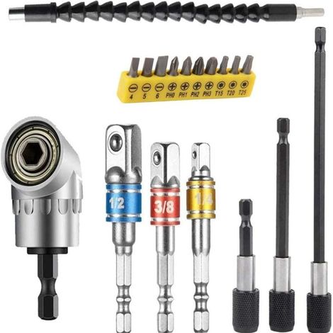 Kit de rallonges flexibles pour forets, comprenant une rallonge coudée à 105°, un adaptateur universel pour douilles (3 pièces : 1/4", 3/8" et 1/2"), un porte-forets (3 pièces) et un kit d'embouts de (1/5)