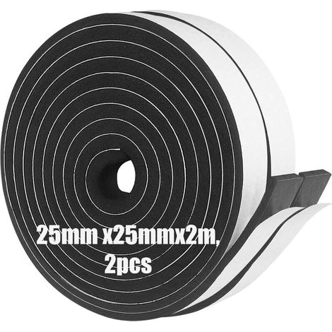 Confezione da 2 strisce isolanti in schiuma autoadesive - 25 mm (L) x 25 mm (P) x 2 m (L) - Per porte e finestre - Insonorizzazione - Per raffreddamento e climatizzazione - Crezuo
