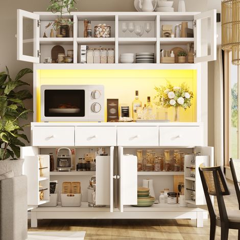 Buffet haut led rgb 140x38,5x180cm vaisselier vitrine portes vitrées 4 tiroirs étagères réglables - mdf - blanc (1/5)