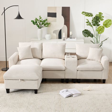 DESVIAE Canapé d Angle Modulaire en Tissu Côtelé Beige avec Console Centrale Ports USB Porte Gobelets Poches de Rangement Coffre et 2 Coussins (1/4)