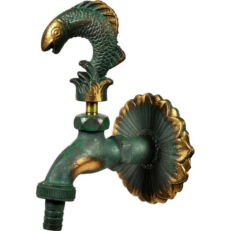 Robinet de Jardin Nostalgie - 1 Unité - Laiton Patiné - Poignée Forme Poisson - Extérieur et Mur - Filetage 1/2 Pouces (1/5)