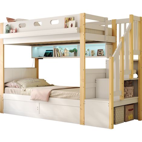Lit superposé 90x200 cm avec lit inférieur relevable hydraulique, rangements intégrés, LED, prises USB-C et tête de lit en cuir régénéré, blanc, pour chambre enfant  CHICFURN (1/5)