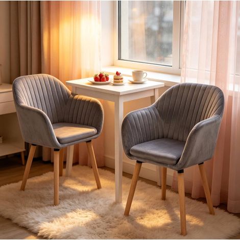 Set di 2 sedie da pranzo in velluto grigio scuro con braccioli e gambe in legno (1/5)