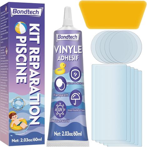 Kit de Réparation Piscine, Rustine Piscines, Transparente Kit Reparation Spa Gonflable, Colle PVC pour Bouées, Produits gonflables, Matelas et Bateaux (60ml-1pack) (1/5)