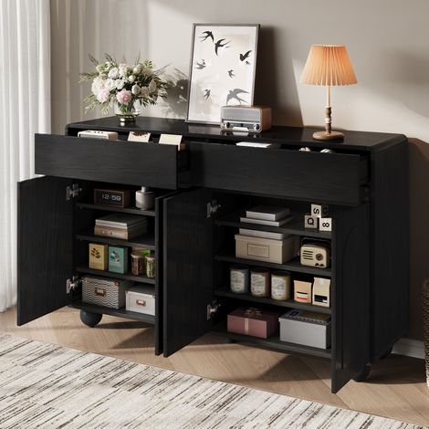 Aparador 140 x 38 x 89 cm con 2 cajones y 4 puertas, en PB y MDF, negro HAVRYA (1/5)