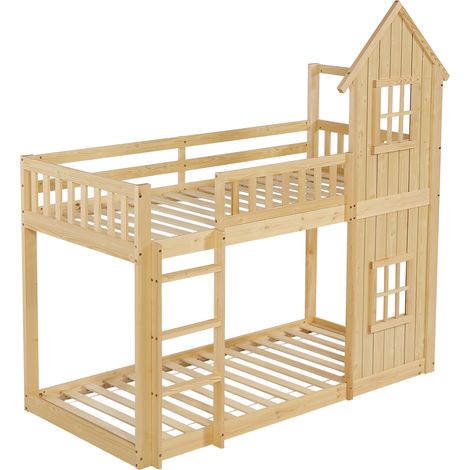 GagaLit superposé enfant 90x200 cm maison, 2 fenêtres, escalier 3 marches (1/5)