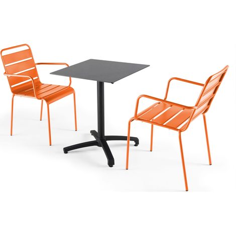 Ensemble table de jardin stratifié ardoise gris et 2 fauteuils orange (1/5)
