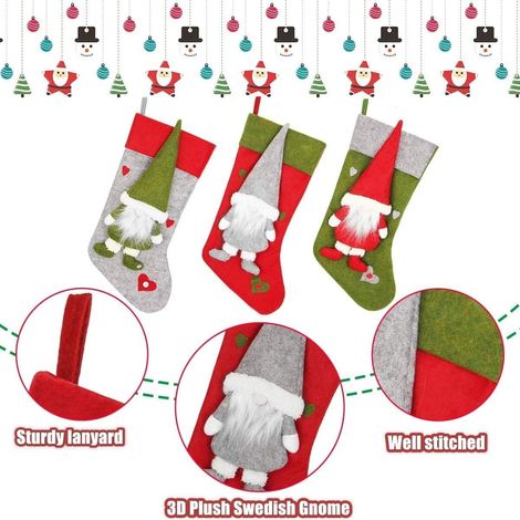 Set di 3 calze di Natale, grandi calze di Natale da 46 cm per appendere regali e dolci con grazioso gnomo svedese di peluche 3D per decorazioni natalizie, albero di Natale, camino (1/4)
