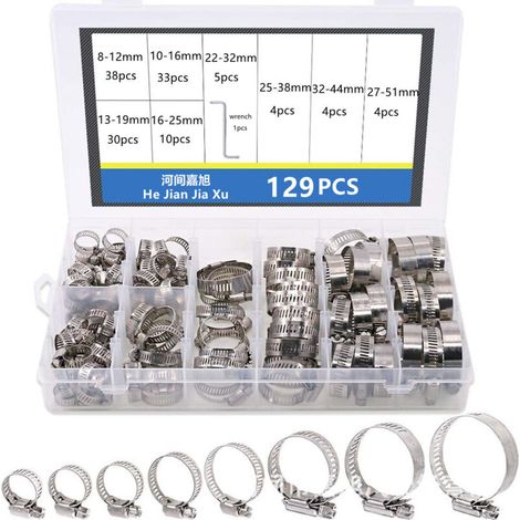 Fascette stringitubo regolabili in acciaio inossidabile da 6-12 mm-27-51 mm, set da 129 pezzi per tubo flessibile del gas