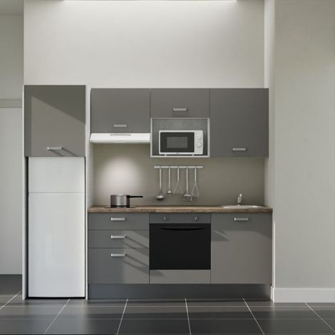 Kochnischen K37L-PT - 240 cm mit Arbeitsplatte und spüle - Graue Front - Laminatplatte aus Holz - Edelstahl-Spüle - Kredenzen nein (1/5)