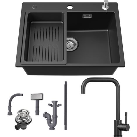 Fregadero de granito de 60×45 cm + grifo de cocina, fregadero de encimera con escurridor y dispensador de jabón (1/5)