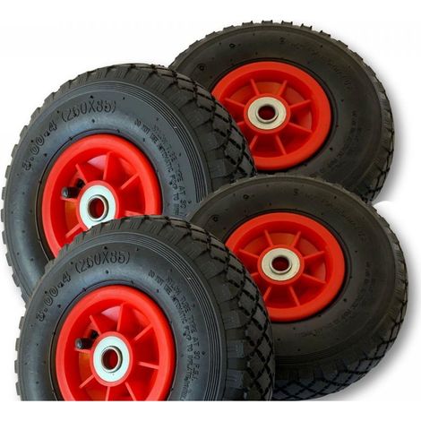 Lot de 4 Roue gonflable 260 x 85 mm (3.00-4) Diable / Chariot Alésage 20 mm (1/4)